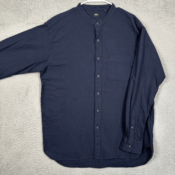 UNIQLO Men Large Shirt Flannel Button Up Blue Band Collar Pocket Logn Sleeve EUC